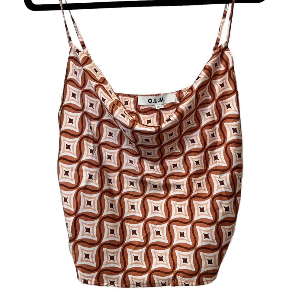 OLM Silky Orange Brown Tan Square Retro Pattern Cowl Neck Tank Top - L